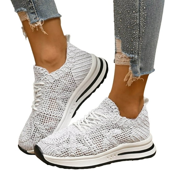 Women's Walking Running Shoes Vintage Crochet Knit Lace up Casual Fashion Sneakers Comfortable Work Shoes for Women