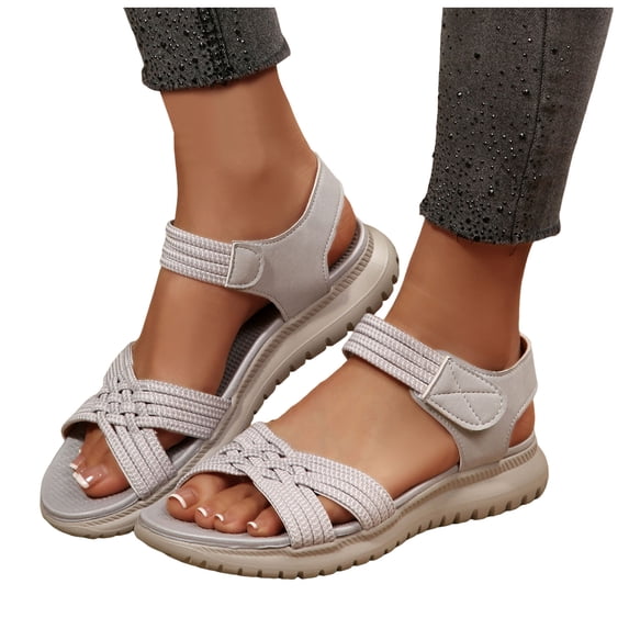 Women's Walking Sandals Open Toe Elastic Strappy Comfortable Arch Support Thick Soft Sole Orthopedic Beach Shoes Gray Size 8
