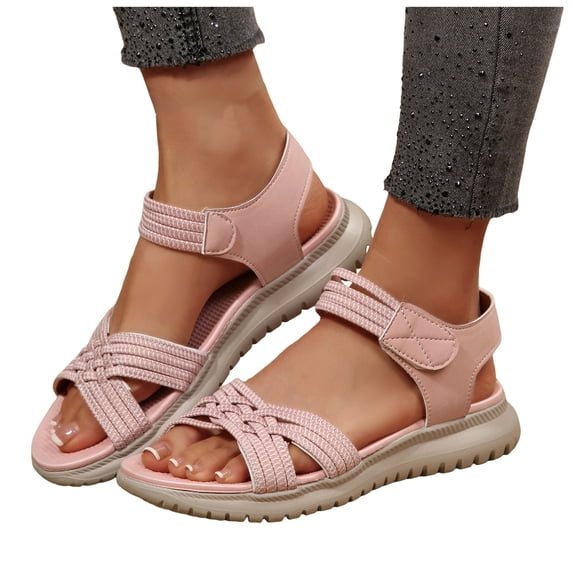 Women's Walking Sandals Open Toe Elastic Strappy Comfortable Arch Support Thick Soft Sole Orthopedic Beach Shoes Pink Size 9.5