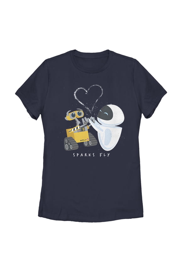 Women's Wall-E Valentine's Day EVE Sparks Fly Graphic Tee Navy Blue Small