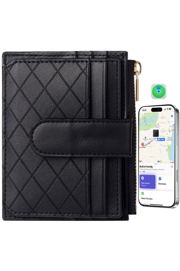 Women's Wallet Built-in Anti-Loss Tracker, RFID Blocking Compact Card Holder Wallet for Women Soft PU Leather Bifold Pocket Wallet Ladies Purse with Zipper Pocket, ID Window (Black) A101