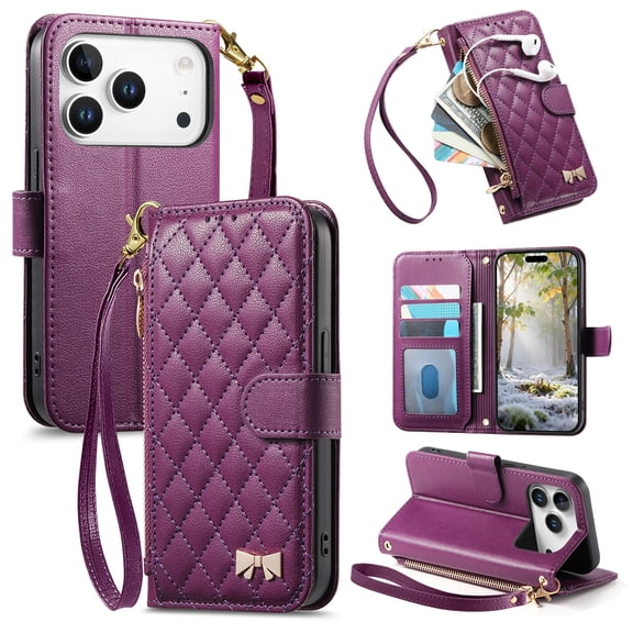 Women's Wallet Case for iPhone 18 Pro Max with Wristlet, Premium PU Leather Flip Cover Magnetic Closure Zipper Pocket Card Slots Kickstand Shockproof Full Body Protective Rugged Cover, Purple