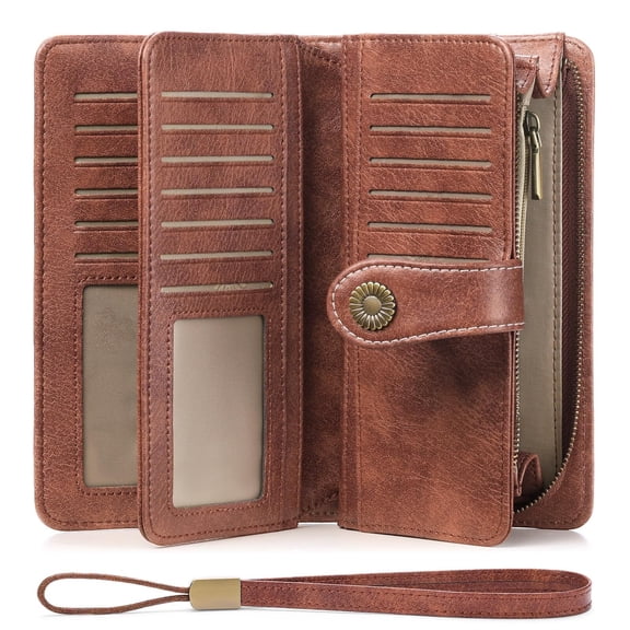 Women's Wallet Genuine Leather Blocking Large Capacity Trifold Ladies Wallet Wristlet Clutch Card Holder