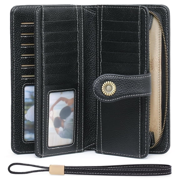 Women's Wallet Genuine Leather Blocking Large Capacity Trifold Ladies Wallet Wristlet Clutch Card Holder