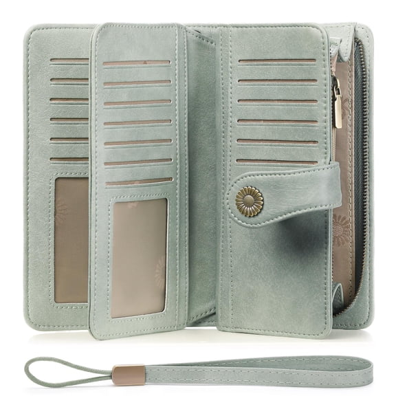 Women's Wallet Genuine Leather Blocking Large Capacity Trifold Ladies Wallet Wristlet Clutch Card Holder