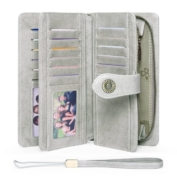 Women's Wallet Genuine Leather Blocking Large Capacity Trifold Ladies Wallet Wristlet Clutch Card Holder