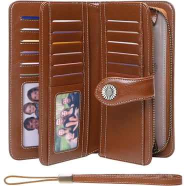 SENDEFN Women's Large Capacity RFID Blocking Leather Wallet - With Checkbook Holder, Credit Card Organizer, Brown