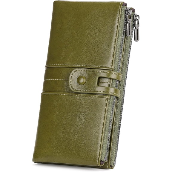 Women's Wallet Large Capacity Bifold Leather Muti-Cards Holder RFID Blocking Double Zipper Long Ladies Billfold Purse with Back Zipper Pocket