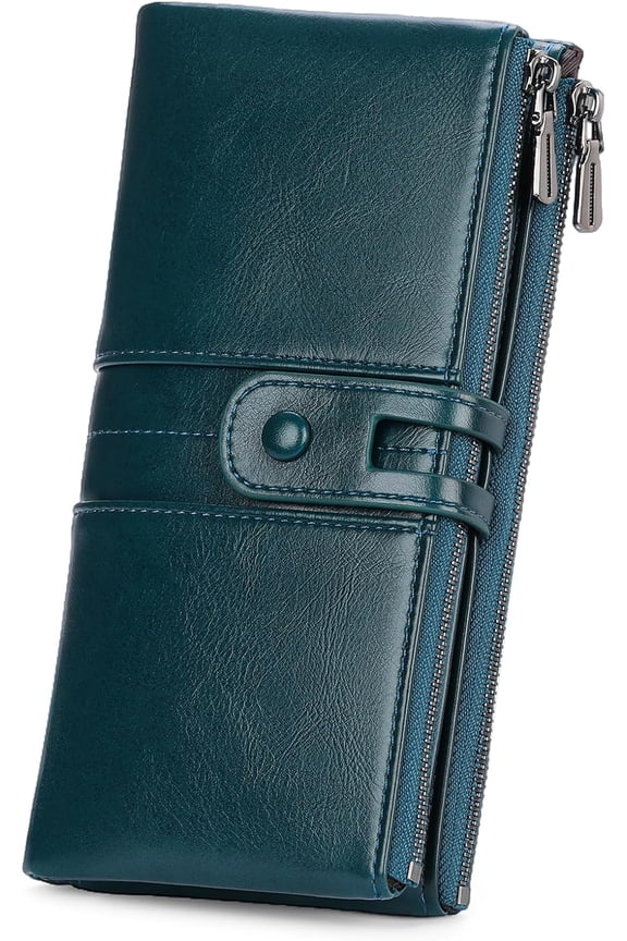 Women's Wallet Large Capacity Bifold Leather Muti-Cards Holder RFID Blocking Double Zipper Long Ladies Billfold Purse with Back Zipper Pocket