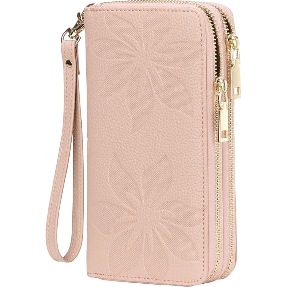 Women's Wallet Large Capacity Double Zip Ladies Card Phone Holder RFID Blocking Wristlet Leather