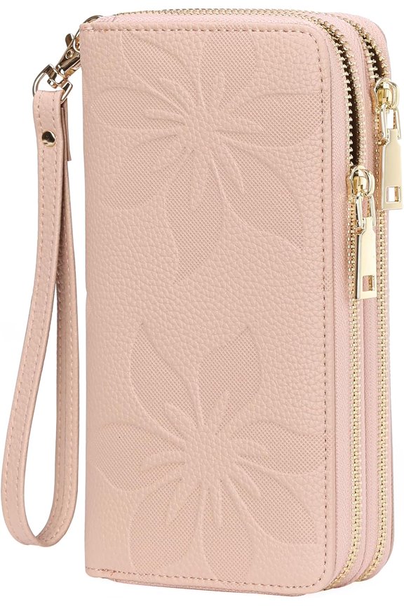 Women's Wallet Large Capacity Double Zip Ladies Card Phone Holder RFID Blocking Wristlet Leather