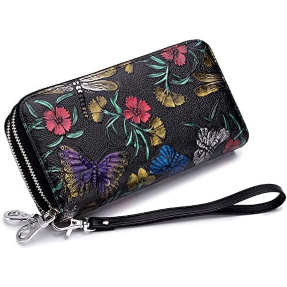 Women's Wallet Large Capacity Double Zip Ladies Card Phone Holder RFID Blocking Wristlet Leather