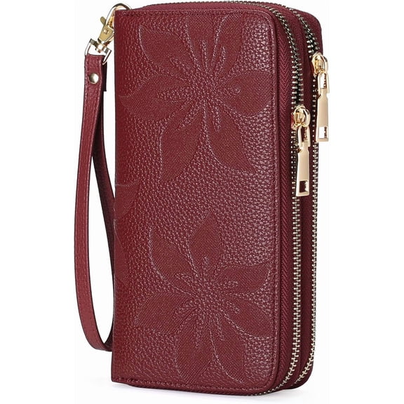 Women's Wallet Large Capacity Double Zip Ladies Card Phone Holder RFID Blocking Wristlet Leather