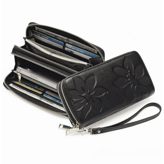 Women's Wallet Large Capacity Double Zip Ladies Card Phone Holder RFID Blocking Wristlet Leather
