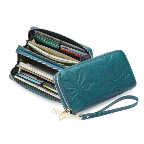 Women's Wallet Large Capacity Double Zip Ladies Card Phone Holder RFID Blocking Wristlet Leather