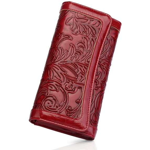 Women's Wallet Leather RFID Blocking Trifold Ladies Purse Embossed long Clutch Card Holder Phone Checkbook Organizer Red