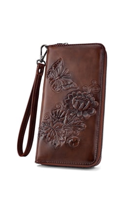 [Mother’s Day Gift Present] Women's Wallet Leather RFID Blocking Trifold Ladies Purse Embossed long Clutch Card Holder Phone Checkbook Organizer Rose