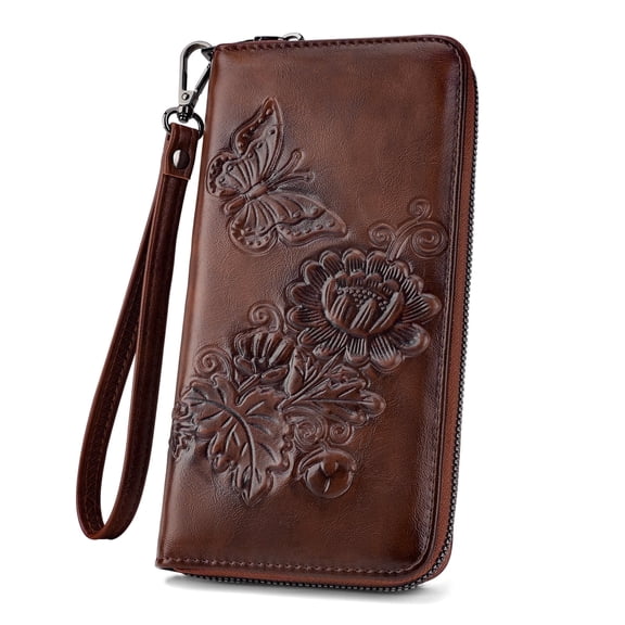 [Mother’s Day Gift Present] Women's Wallet Leather RFID Blocking Trifold Ladies Purse Embossed long Clutch Card Holder Phone Checkbook Organizer Rose