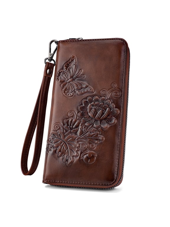 [Mother’s Day Gift Present] Women's Wallet Leather RFID Blocking Trifold Ladies Purse Embossed long Clutch Card Holder Phone Checkbook Organizer Rose