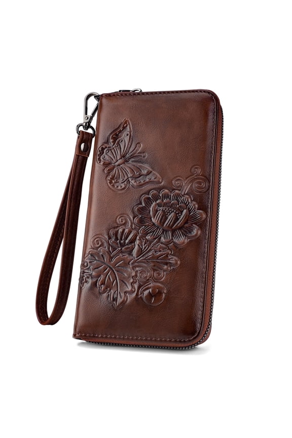[Mother’s Day Gift Present] Women's Wallet Leather RFID Blocking Trifold Ladies Purse Embossed long Clutch Card Holder Phone Checkbook Organizer Rose