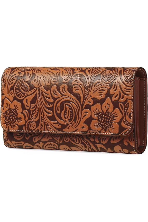 Women's Wallet RFID Blocking Long Clutch Ladies Purse Vegan Leather Embossed Flower Brown