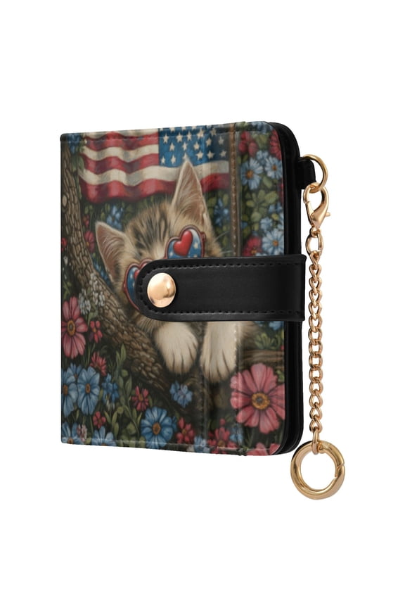 Womens Wallet RFID Blocking PU Leather Magnetic Snap Zipper Coin Pocket 7 Card Slots Perfect Gift for Her American Flag Floral Cat