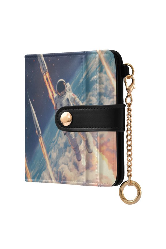 Womens Wallet RFID Blocking PU Leather Magnetic Snap Zipper Coin Pocket 7 Card Slots Perfect Gift for Her Astronauts Fly Into Space