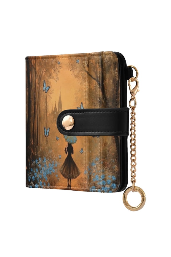 Womens Wallet RFID Blocking PU Leather Magnetic Snap Zipper Coin Pocket 7 Card Slots Perfect Gift for Her Blue Butterfly Forest