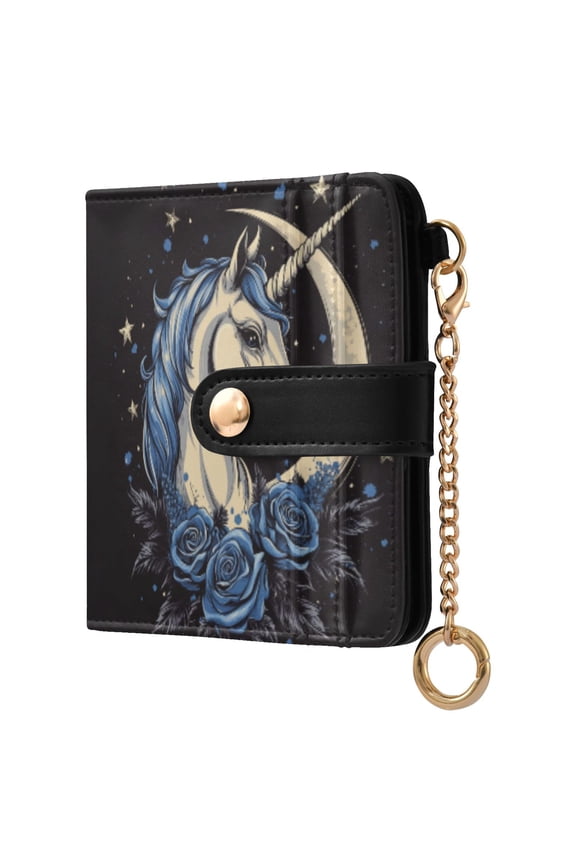 Womens Wallet RFID Blocking PU Leather Magnetic Snap Zipper Coin Pocket 7 Card Slots Perfect Gift for Her Blue Rose Unicorn Pattern