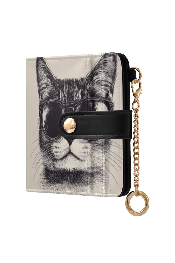 Womens Wallet RFID Blocking PU Leather Magnetic Snap Zipper Coin Pocket 7 Card Slots Perfect Gift for Her Cat with Sunglasses Pattern