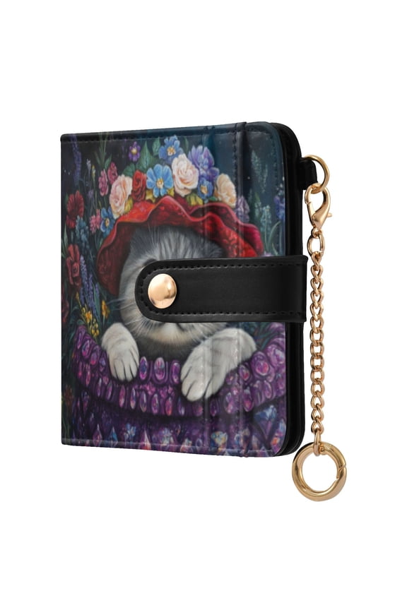 Womens Wallet RFID Blocking PU Leather Magnetic Snap Zipper Coin Pocket 7 Card Slots Perfect Gift for Her Cute Cat Wearing Wreath