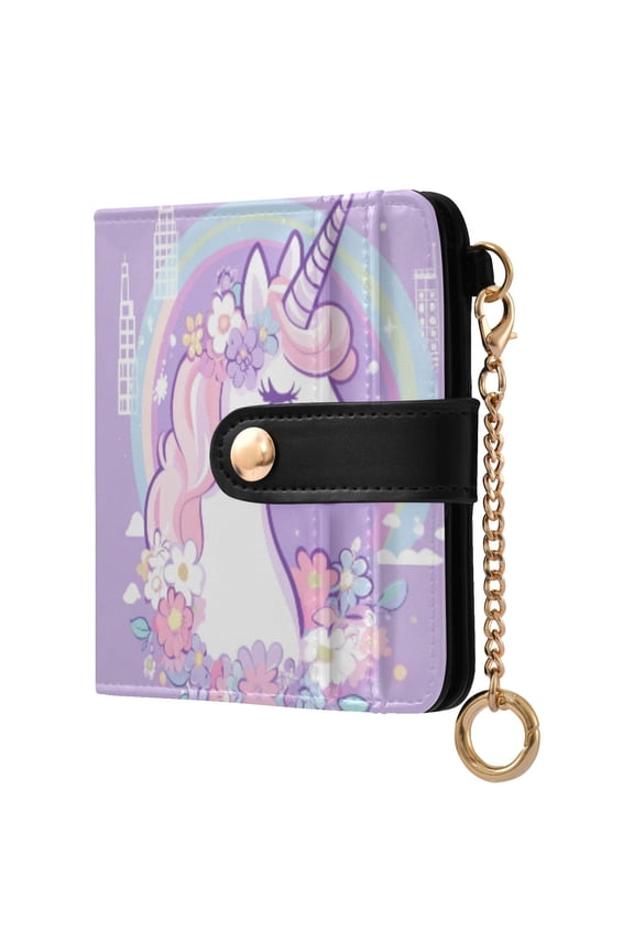 Womens Wallet RFID Blocking PU Leather Magnetic Snap Zipper Coin Pocket 7 Card Slots Perfect Gift for Her Cute Unicorn Purple Pattern