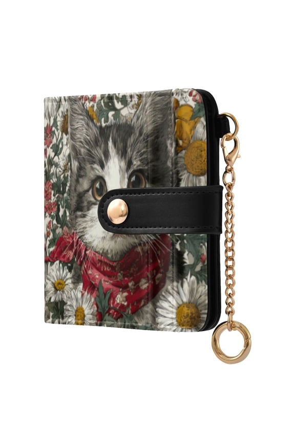 Womens Wallet RFID Blocking PU Leather Magnetic Snap Zipper Coin Pocket 7 Card Slots Perfect Gift for Her Daisy Kitten