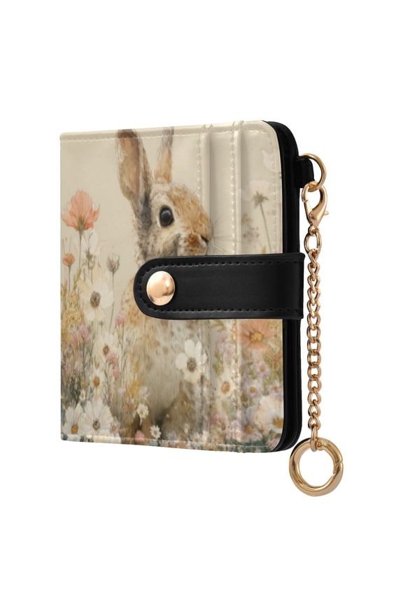Womens Wallet RFID Blocking PU Leather Magnetic Snap Zipper Coin Pocket 7 Card Slots Perfect Gift for Her Flowers Rabbit