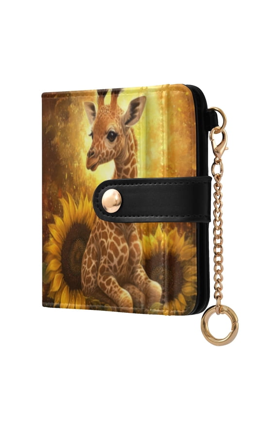 Womens Wallet RFID Blocking PU Leather Magnetic Snap Zipper Coin Pocket 7 Card Slots Perfect Gift for Her Giraffe Sunflower Illustration