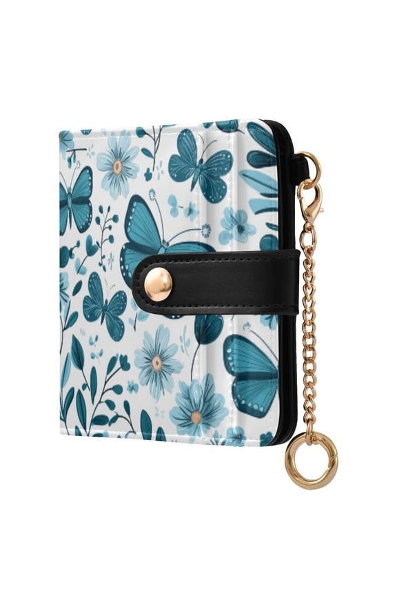 Womens Wallet RFID Blocking PU Leather Magnetic Snap Zipper Coin Pocket 7 Card Slots Perfect Gift for Her Light Blue Butterflies Flowers and Leaves