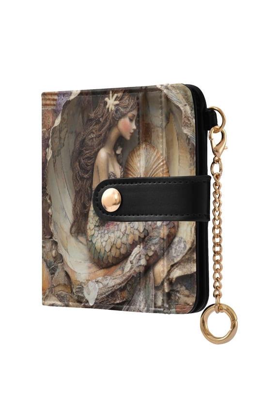 Womens Wallet RFID Blocking PU Leather Magnetic Snap Zipper Coin Pocket 7 Card Slots Perfect Gift for Her Mermaid Inside The Shell