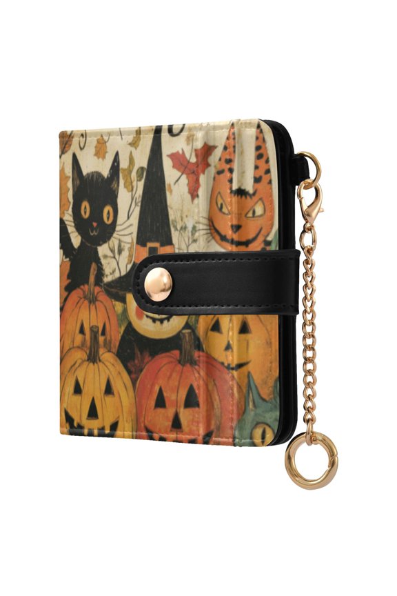 Womens Wallet RFID Blocking PU Leather Magnetic Snap Zipper Coin Pocket 7 Card Slots Perfect Gift for Her Pumpkin Witch