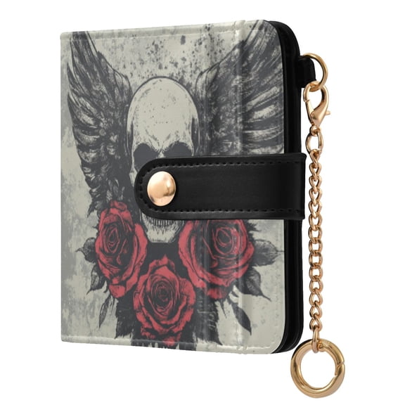 Womens Wallet RFID Blocking PU Leather Magnetic Snap Zipper Coin Pocket 7 Card Slots Perfect Gift for Her Skull Wings Rose Grunge Style