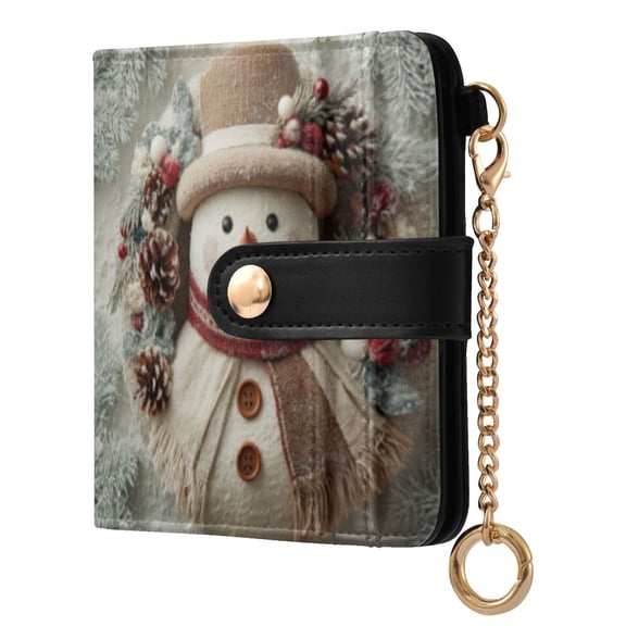 Womens Wallet RFID Blocking PU Leather Magnetic Snap Zipper Coin Pocket 7 Card Slots Perfect Gift for Her Snowman Wreath