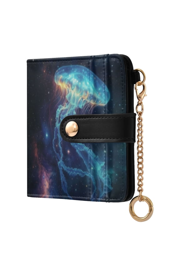 Womens Wallet RFID Blocking PU Leather Magnetic Snap Zipper Coin Pocket 7 Card Slots Perfect Gift for Her Space Jellyfish