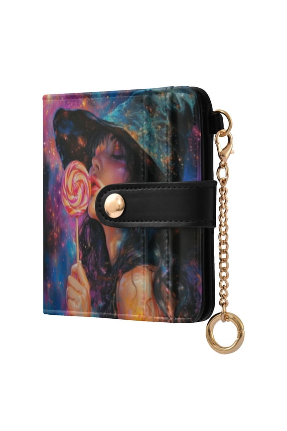 Womens Wallet RFID Blocking PU Leather Magnetic Snap Zipper Coin Pocket 7 Card Slots Perfect Gift for Her Witch Lollipop