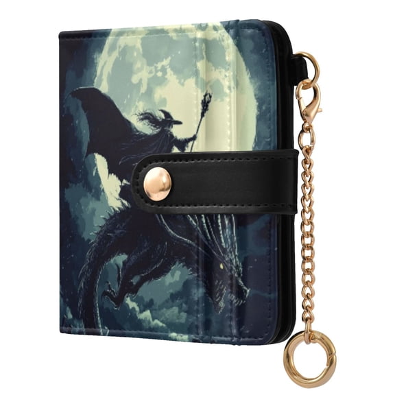 Womens Wallet RFID Blocking PU Leather Magnetic Snap Zipper Coin Pocket 7 Card Slots Perfect Gift for Her Witch and Black Dragon