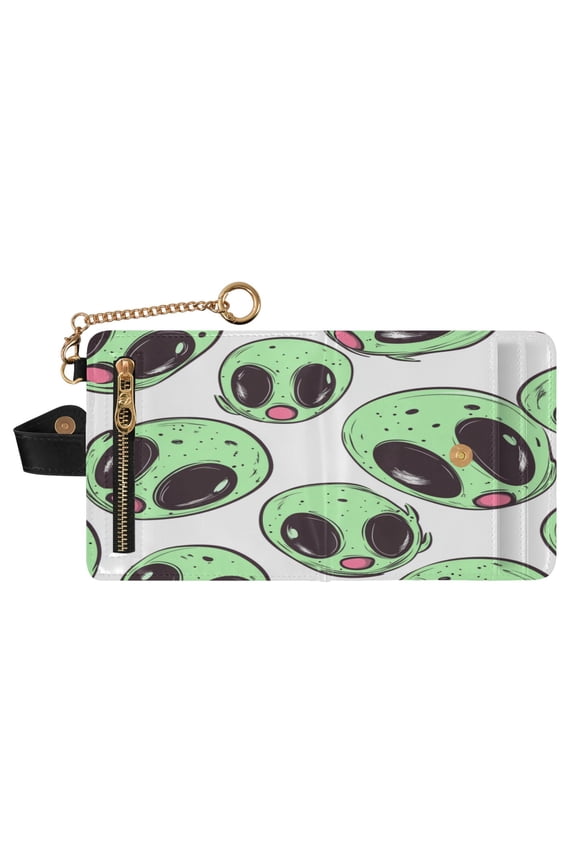 Women's Wallet RFID Blocking Small Bifold Wallet PU Leather Card Case with Magnetic Closure Zipper Coin Pocket & Keychain for Daily Use Cartoon Green Aliens