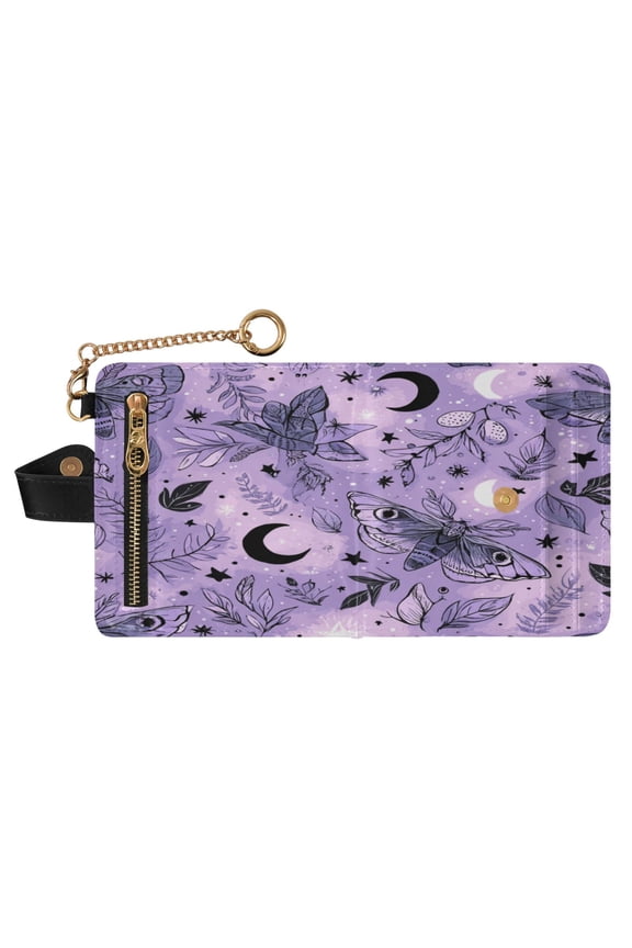Women's Wallet RFID Blocking Small Bifold Wallet PU Leather Card Case with Magnetic Closure Zipper Coin Pocket & Keychain for Daily Use Lavender-colored Moths