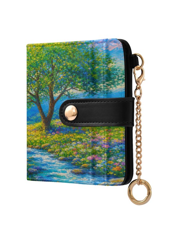 Women's Wallet RFID Blocking Small Bifold Wallet PU Leather Card Case with Magnetic Closure Zipper Coin Pocket & Keychain for Daily Use Spring Tree Stream Landscape