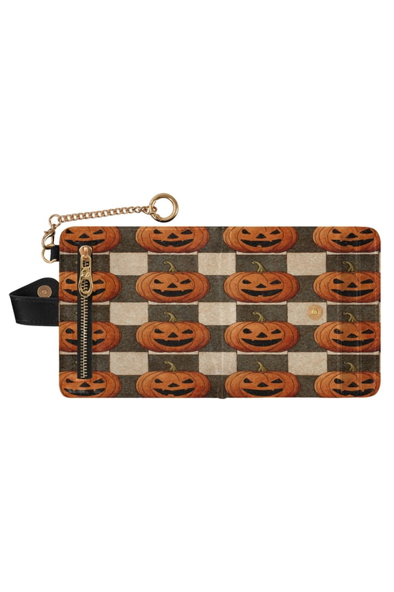 Women's Wallet RFID Blocking Small Bifold Wallet PU Leather Card Case with Magnetic Closure Zipper Coin Pocket & Keychain for Daily Use Striped Wicked Pumpkins