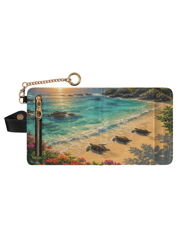 Women's Wallet RFID Blocking Small Bifold Wallet PU Leather Card Case with Magnetic Closure Zipper Coin Pocket & Keychain for Daily Use Tropical Shore Sunset Turtles
