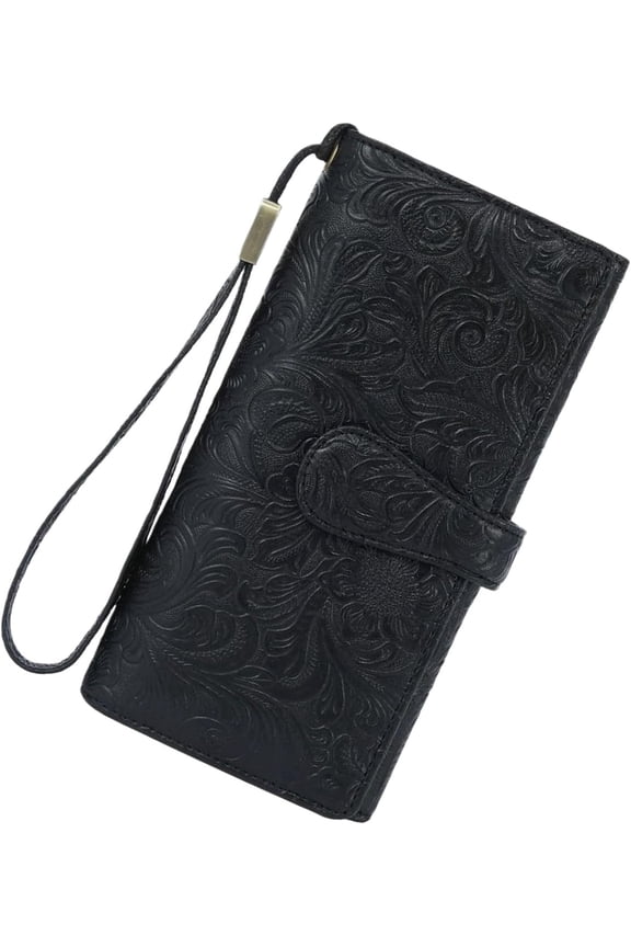 Women's Wallet RFID Blocking Vegan Leather Trifold with 3 ID Windows Embossed Floral Long Wristlet Clutch Purse