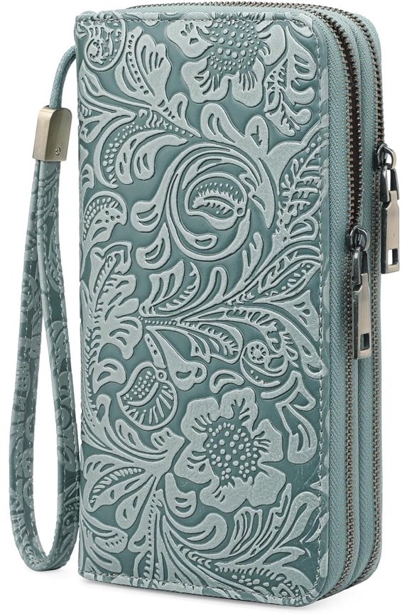 Women's Wallet Wristlet Ladies Phone Purse RFID Blocking Large Card Holder Double Zip Grip Strap Vegan Leather